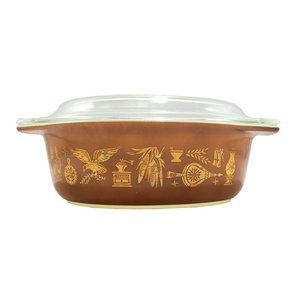 Vintage Pyrex Early American Oval Casserole Bowl Dish Gold Brown #043 1 1/2 Qt